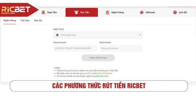 Các phương thức rút tiền RICBET phù hợp với nhiều người chơi
