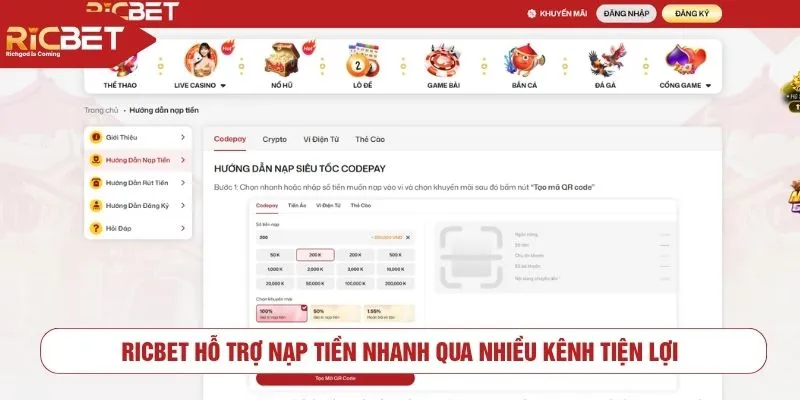 RICBET hỗ trợ nạp tiền nhanh qua nhiều kênh tiện lợi