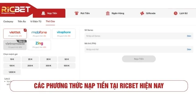 RICBET hỗ trợ thành viên đa dạng các phương thức nạp tiền