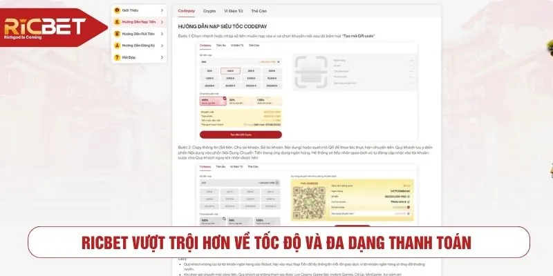 RICBET vượt trội hơn về tốc độ và đa dạng thanh toán