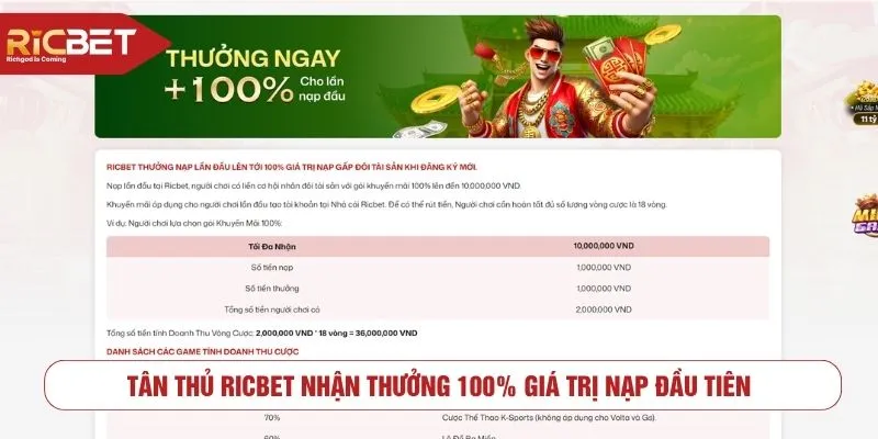Tân thủ RICBET nhận thưởng 100% giá trị nạp đầu tiên